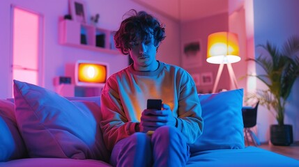 mesmerizing front view scene of a modern millennial man absorbed in his smartphone amidst vibrant neon light colors in the cozy ambiance of his living room, showcasing digital connectivity