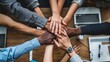Diverse team building: multicultural members join hands in unity, emphasizing workplace collaboration and inclusivity