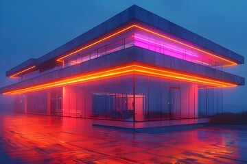 Modern office building, blue and red building image, china office Generative AI, red bridge in the night, modern office building, view of the bridge