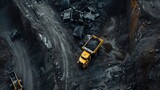 Fototapeta Zachód słońca - Big yellow mining truck for anthracite coal in an open pit mine.
