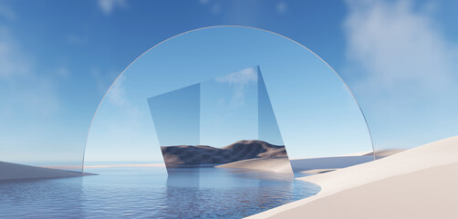 Wall Mural - 3d Render, Abstract Surreal pastel landscape background with architecture and geometric, beautiful gradient sky scene, lake with clam water, minimal concept.
