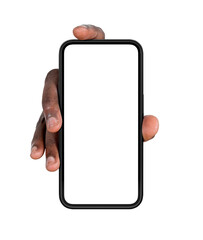 Black hand hold phone, mock up copy space screen, isolated over white background. Concept of website and mobile app.