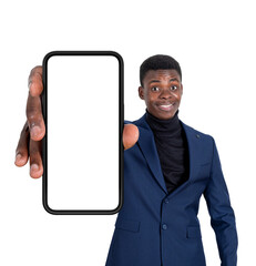 young black businessman happy smiling, showing phone with mock up copy space screen, isolated over w
