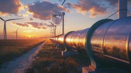 Wall Mural - hydrogen pipeline and wind turbines in the background, green hydrogen production concept