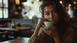 Um momento de tranquilidade mulher elegante desfrutando de um café em um ambiente acolhedor com luz natural suave