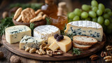 Fototapeta Sypialnia - Cheese plate with different types of chees, grape and bread, steel life on a wooden board