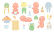 © kat - Vector illustration newborn set. Babies in different poses infant clothes accessories.