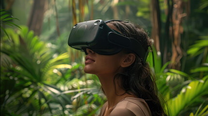 Poster - Pretty young woman in VR glasses, futuristic college VR in a rainforest, sustainability class. Generative AI.