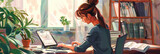 Fototapeta  - Illustration of a Businesswoman using laptop and calculator to do taxes calculation