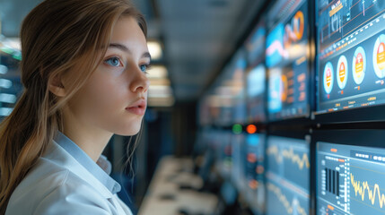 Leinwandbilder - Woman working in a high-tech data analysis center. Dressed in smart business attire. Generative AI.