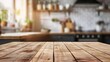 wooden table top on blur kitchen room background in modern contemporary kitchen room interior
