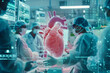 Futuristic Cardiac Surgery Team in High-Tech Operating Room, Medical staff with 3D heart hologram during advanced surgery