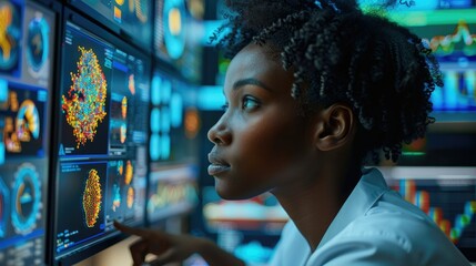 Fototapete - A digital health professional engrossed in analyzing a complex data visualization on a large monitor, African woman. Generative AI.