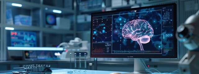  Exploring Brain Testing Results Displayed on Digital Interface Over Laboratory or Surgery Background: Advancements in Medical Technology