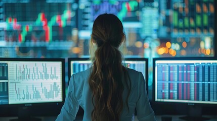 Poster - Woman is working in front of multiple computer monitors displaying financial data in the office. Generative AI.