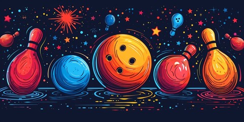 Wall Mural - Space themed illustration with planets, stars and bowling game on a colorful space background.
