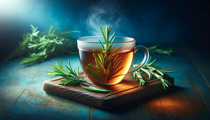 Wall Mural - close-up of a wooden board with a glass cup of hot rosemary tea.