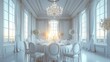 A wedding dinner room, all dressed table, all white, modern interior design style. Generative AI.