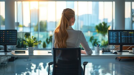 Poster - Woman working in a modern office. Generative AI.