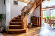 Modern wooden staircase inside contemporary modern house interior