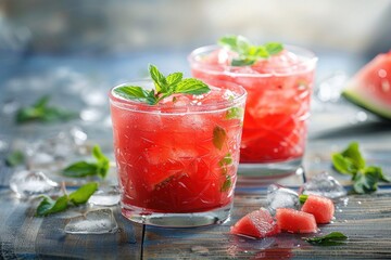 Wall Mural - freshwatermelon cocktails with mint on wooden background