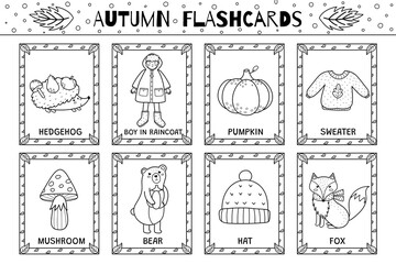 Poster - Autumn flashcards black and white collection for kids. Flash cards set with cute characters for school and preschool in outline. Learning to read activity for children. Vector illustration