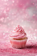Wall Mural - Elegant pink cupcake with glitter detail on a bokeh background, ideal for baby girl announcements, Mother's Day cards, or gentle feminine designs.