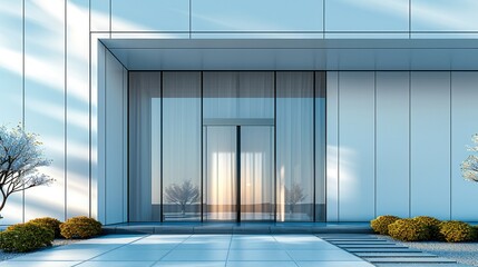 Poster - The front entrance of a modern building, all in a matte finish without any extra decorations, featuring a combination of white and gray colors. Generative AI.
