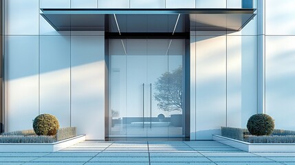 Poster - The front entrance of a modern building, all in a matte finish without any extra decorations, featuring a combination of white and gray colors. Generative AI.