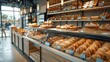 © visoot - Contemporary supermarket bakery cafe interior, assorted breads on shelves. Generative AI.