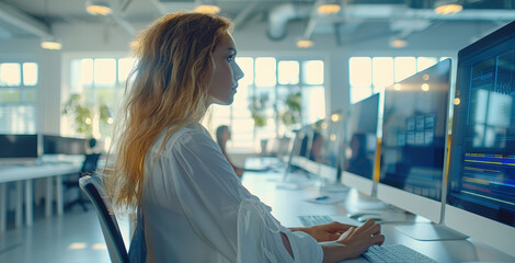 Wall Mural - Woman marketing analysts and specialists working in a modern open space office. Generative AI.