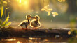 © Purple Penguin GFX - two ducklings on a log in the warm morning light, Horizontal background, with room for copy, in Nature-themed, photorealistic illustrations in JPG. Generative ai