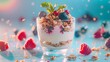 Healthy breakfast. Yogurt with granola and fresh berries. Diet, low calorie, weight loss food. Active, fit, healthy lifestyle.