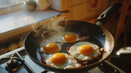 Eggs frying on kitchen stove morning breakfast concept wallpaper background