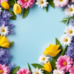 Wall Mural - Spring flowers with frame for text happy easter camomile tupil postcard card design blue background March 8 women day