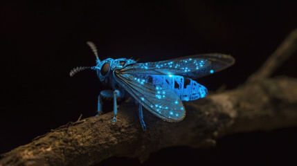 Wall Mural - a close up of a bug on a tree branch with blue lights on it's wings and back legs.