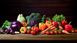 A vibrant display of fresh, organic vegetables including red tomatoes, green lettuce, orange carrots, and purple eggplants arranged beautifully on a rustic wooden table