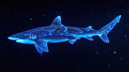 Sticker - a picture of a shark that is glowing blue and has a lot of stars on it's body and it looks like it is floating in the water.