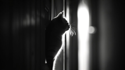 Poster - a black and white photo of a cat looking out of a window at the light coming in from behind it.