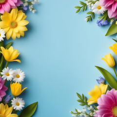 Wall Mural - Spring flowers postcard with flame for text happy easter March 8 women day blue background