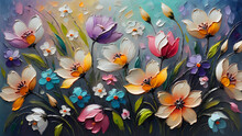 Beautiful Delicate Spring Flowers Painted With Oil Paints On Canvas