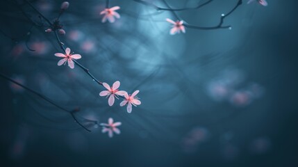 Poster - a branch of a tree with pink flowers in the foreground and a blurry background of a tree branch with pink flowers in the foreground.