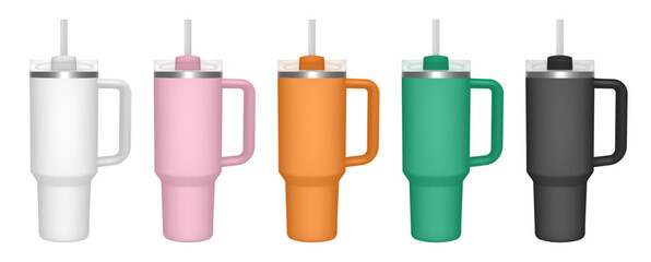 Thermo cup with handle and straw. 3d mockup of a travel thermos. Set of white, pink, orange, green and black mugs. Tumbler template. Transparent lid