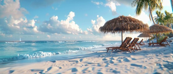 travel, seascape and nature concept - tropical beach with palm tree and two sun loungers on the ocean. banner.