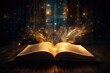 © inna717 - Open magic book with magic light on vintage background. open book on the background of an old library.