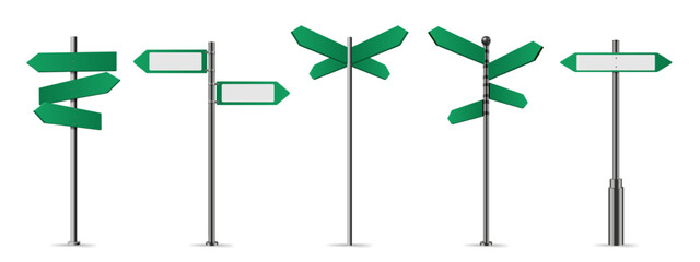 green street signs. directional pole with wayfinding arrows, finger post sign isolated realistic vec