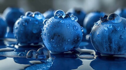 Poster - a group of blue vases sitting on top of a table covered in drops of water on top of it.