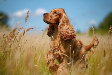 Canvas Print - A fawncolored Cocker Spaniel stands in a field of tall grass under a cloudy sky