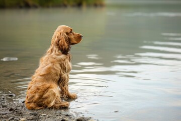 Wall Mural - A carnivorous cocker spaniel is sitting by the lake, gazing at the water