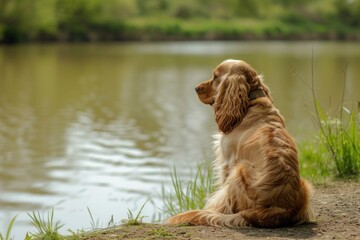 Wall Mural - a cocker spaniel is sitting on the shore of a lake looking at the water